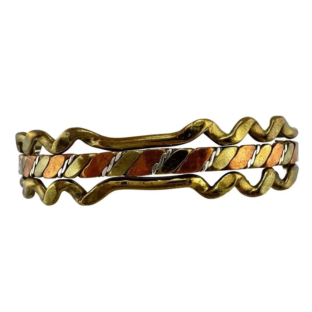 Vintage Boho 1970s Mixed Metal Copper Brass Wave Handmade 7